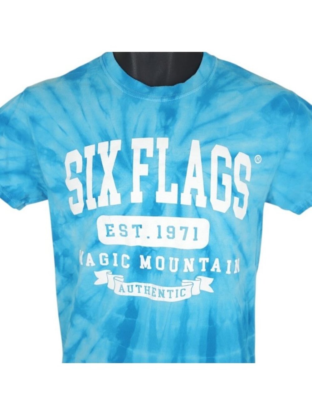 Six Flags T Shirt Mens Size Small Blue Magic Mountain Tie Dye Destination Tee